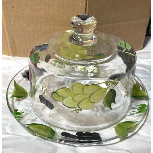Hand Painted Clear Glass Covered Cheese Butter Dish w/ Grape Pattern - Picture 8 of 10